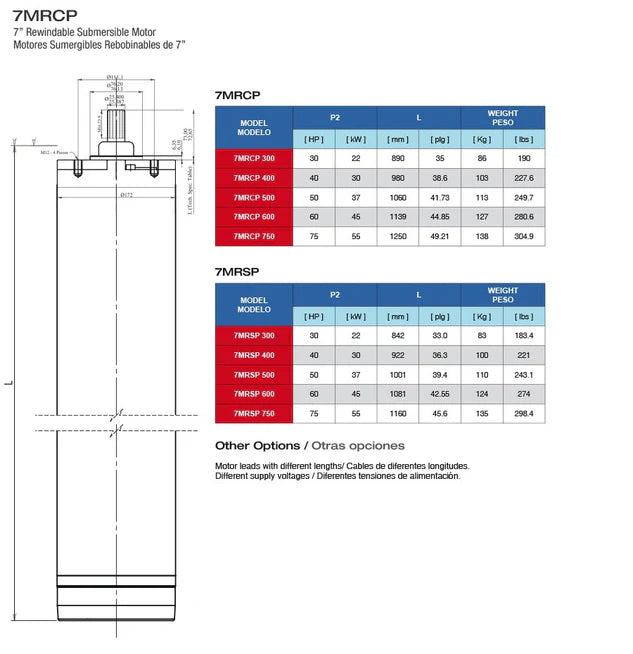 Motor Sumergible Rebobinable de 7"de 60 a 75 Hp, Pearl