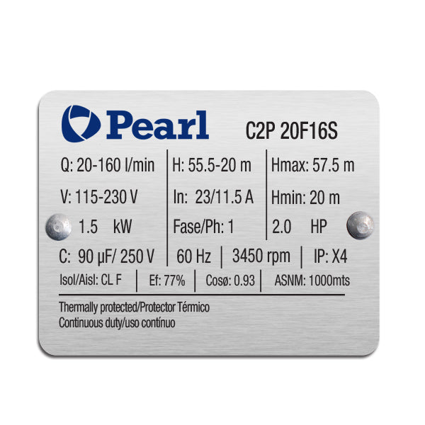 Bomba de Agua Centrífuga Serie C2P de 1 a 5.5 Hp, Pearl