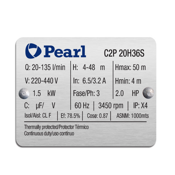 Bomba de Agua Centrífuga Serie C2P de 1 a 5.5 Hp, Pearl