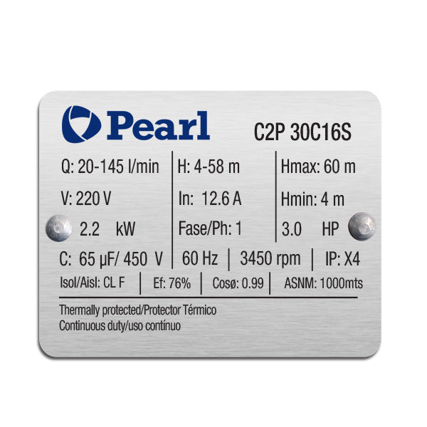Bomba de Agua Centrífuga Serie C2P de 1 a 5.5 Hp, Pearl