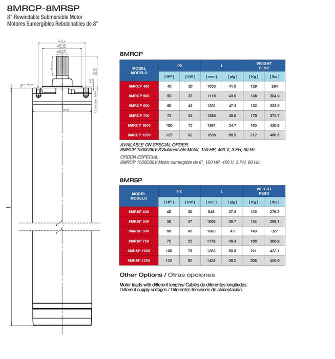 Motor Sumergible 8" Trifásico de 100 a 125 Hp , Pearl