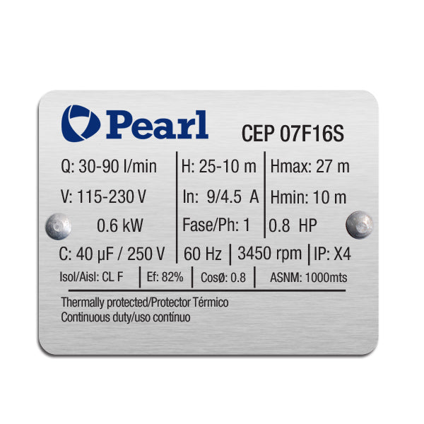 Bomba de Agua Centrífuga Serie CEP de 0.5 a 2 Hp, Pearl