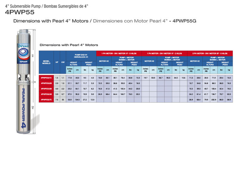 Bomba de Agua Sumergible Tipo Lápiz 4" Serie 4PWP55G, Pearl