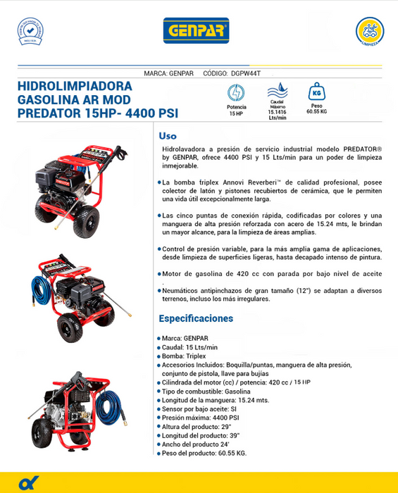 Hidrolavadora a Gasolina de 15 Hp, Genpar